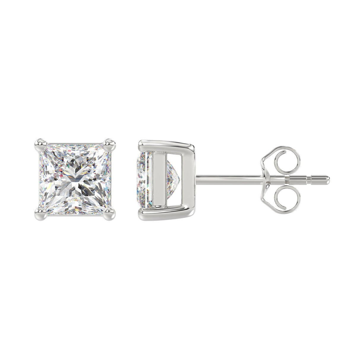 3 Carat Princess Lab Grown Diamond Stud Earrings White Gold angle view