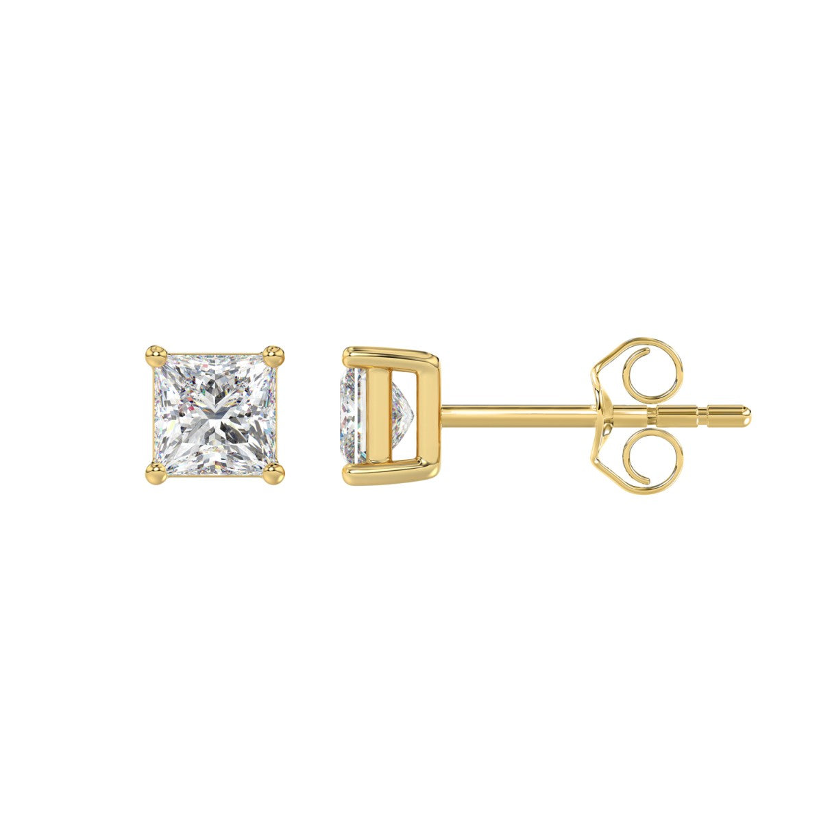 1 Carat Princess Lab Grown Diamond Stud Earrings Yellow Gold down view