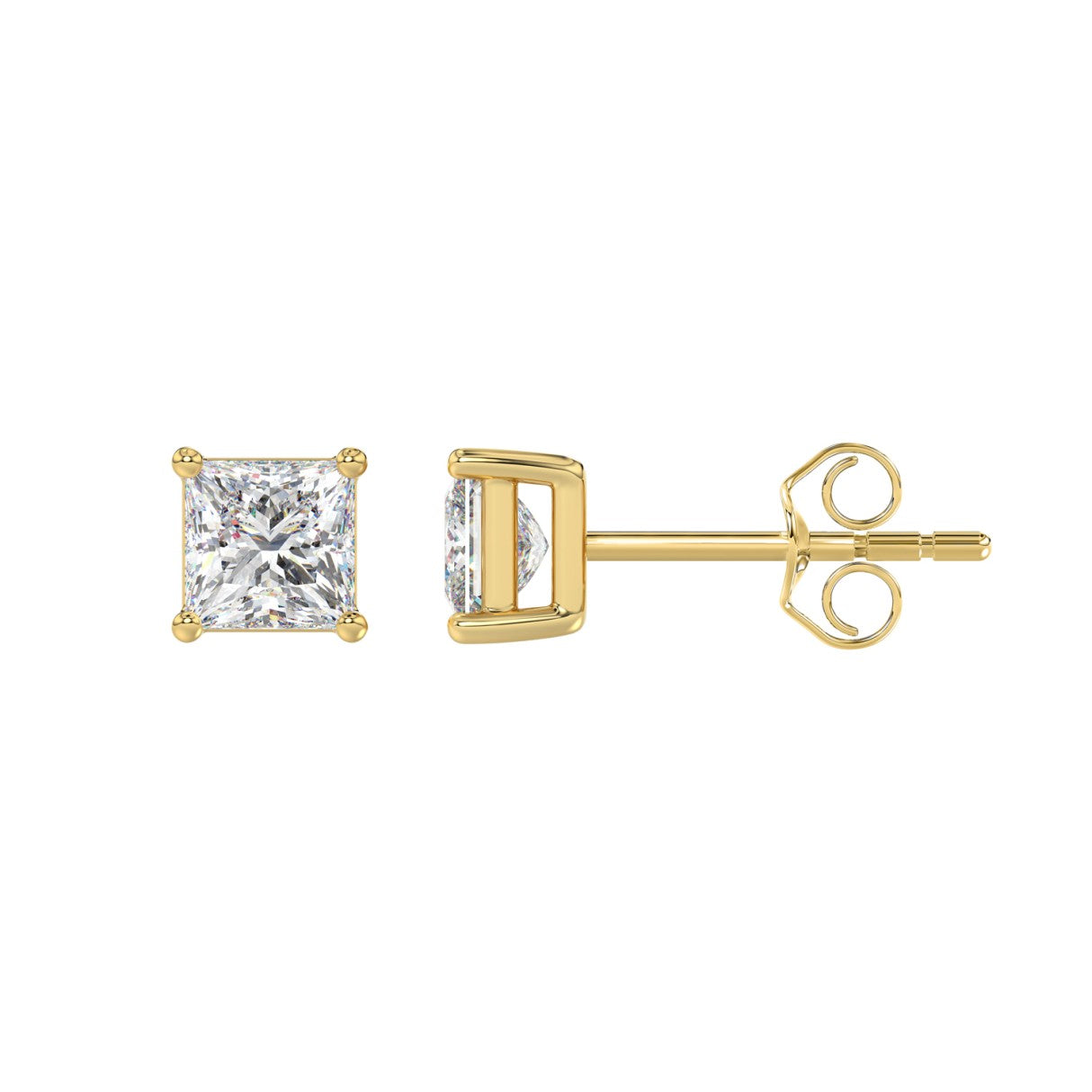 1.5 Carat Princess Lab Grown Diamond Stud Earrings Yellow Gold down view