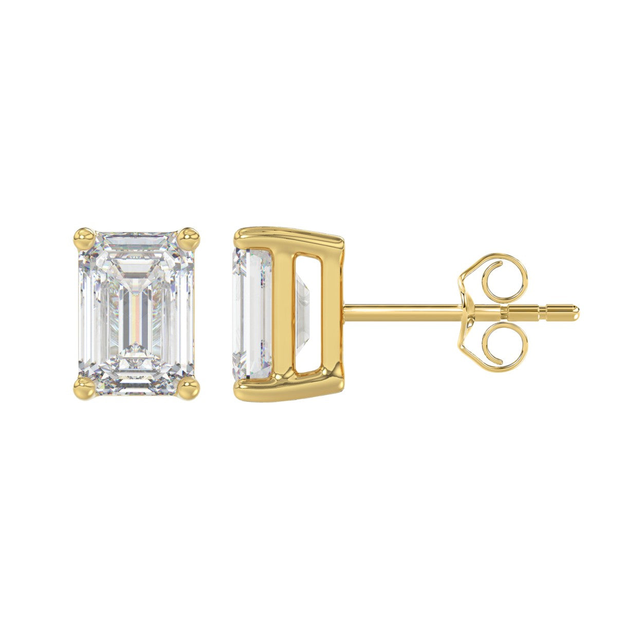 4 Carat Emerald Cut Lab Grown Diamond Stud Earrings Yellow Gold down view