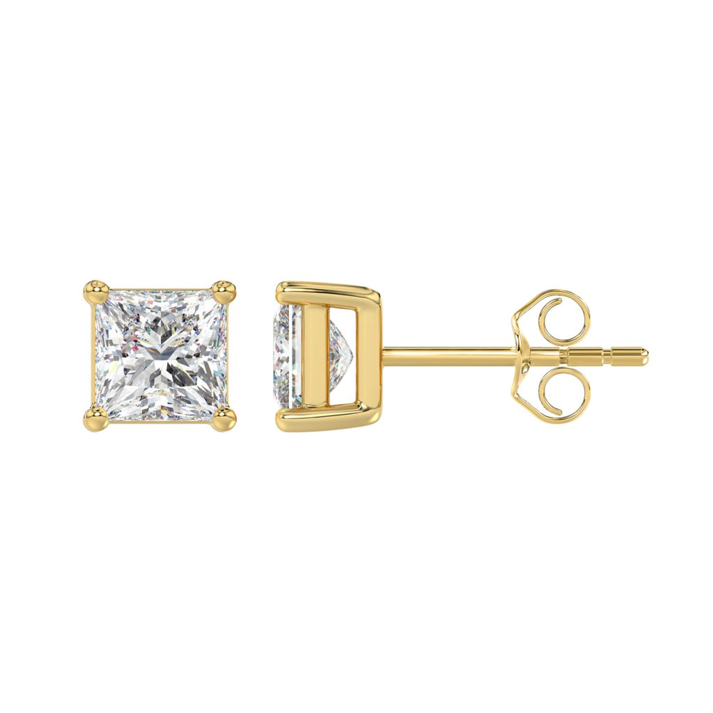 2.5 Carat Princess Lab Grown Diamond Stud Earrings Yellow Gold down view