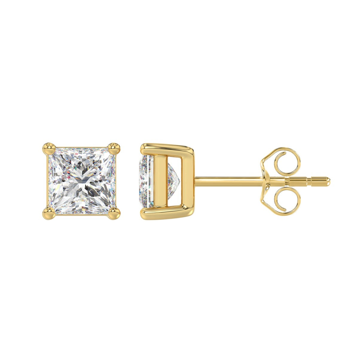 2.5 Carat Princess Lab Grown Diamond Stud Earrings Yellow Gold down view