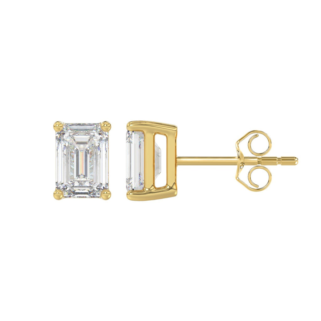 2 Carat Emerald Cut Lab Grown Diamond Stud Earrings Yellow Gold down view