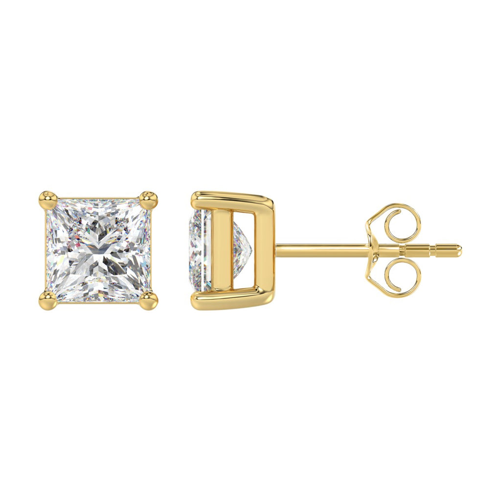 4 Carat Princess Lab Grown Diamond Stud Earrings Yellow Gold down view