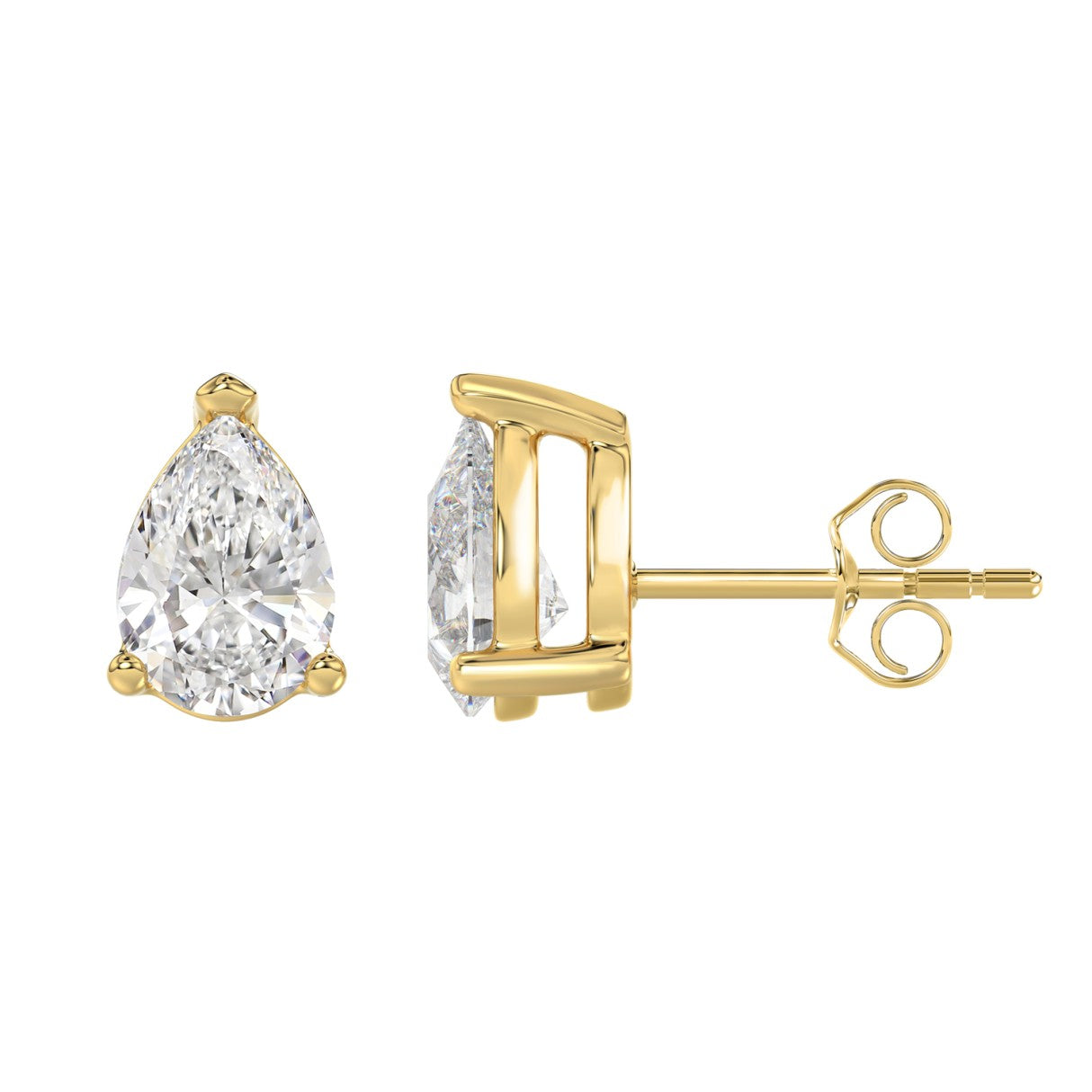 4 Carat Pear Lab Grown Diamond Stud Earrings Yellow Gold down view