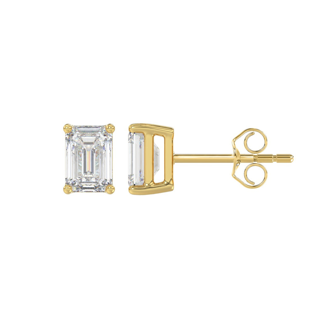 1.5 Carat Emerald Cut Lab Grown Diamond Stud Earrings Yellow Gold down view