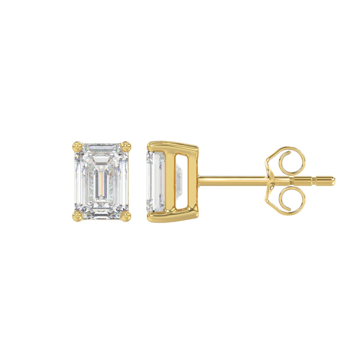 1.5 Carat Emerald Cut Lab Grown Diamond Stud Earrings Yellow Gold down view