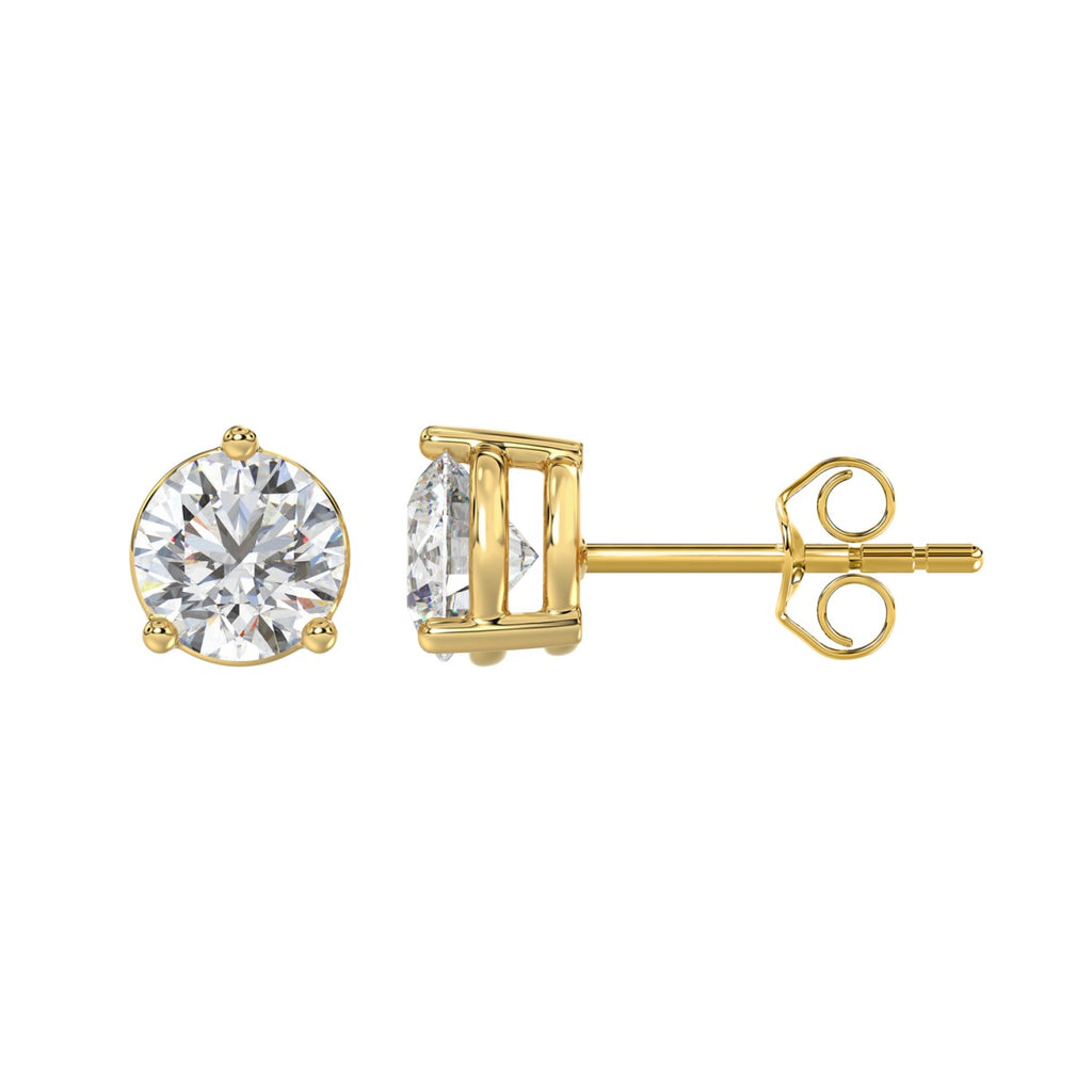 3 Carat Round Brilliant Lab Grown Diamond Stud Earrings Yellow Gold down view