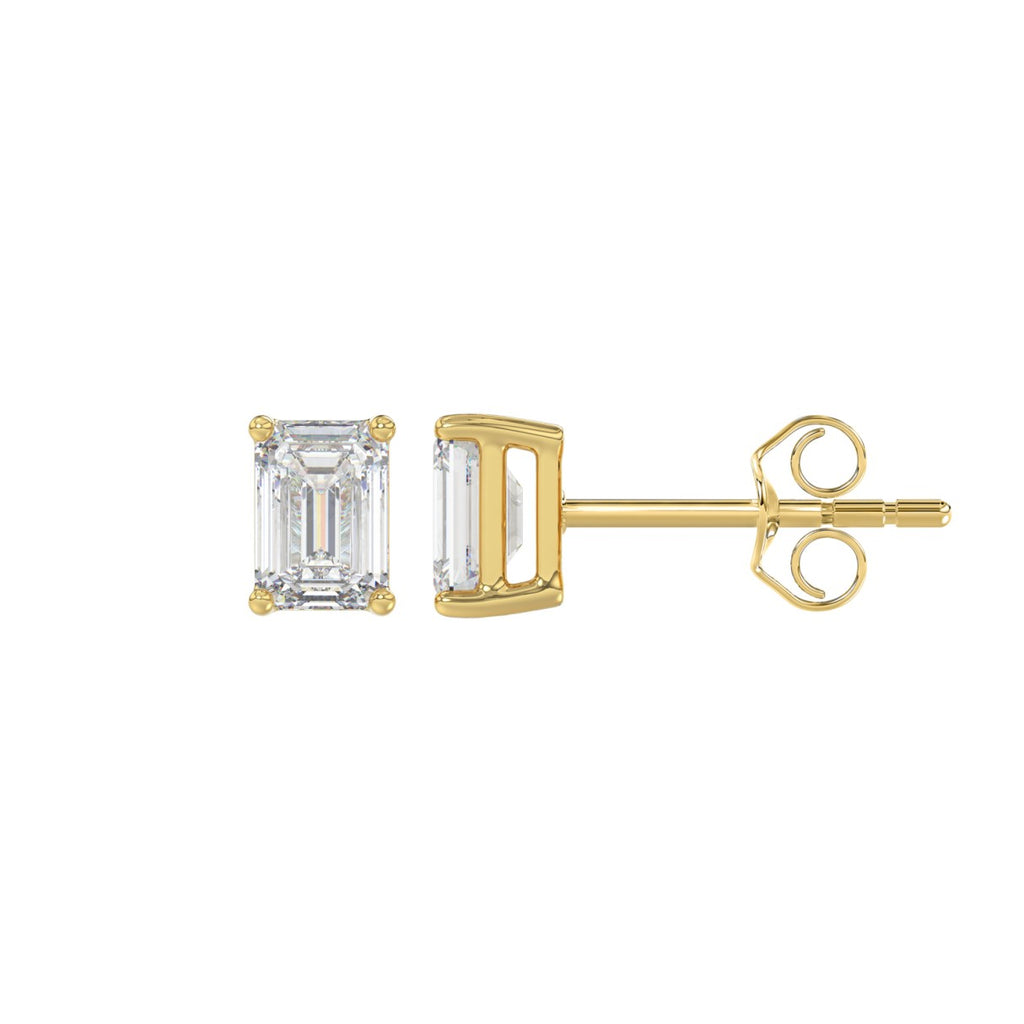 1 Carat Emerald Cut Lab Grown Diamond Stud Earrings Yellow Gold down view