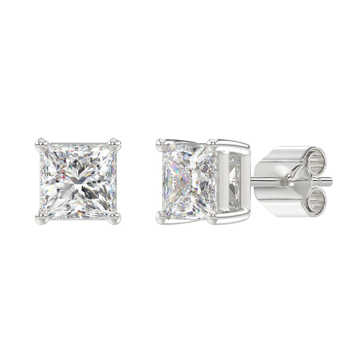 4 Carat Princess Lab Grown Diamond Stud Earrings White Gold down view