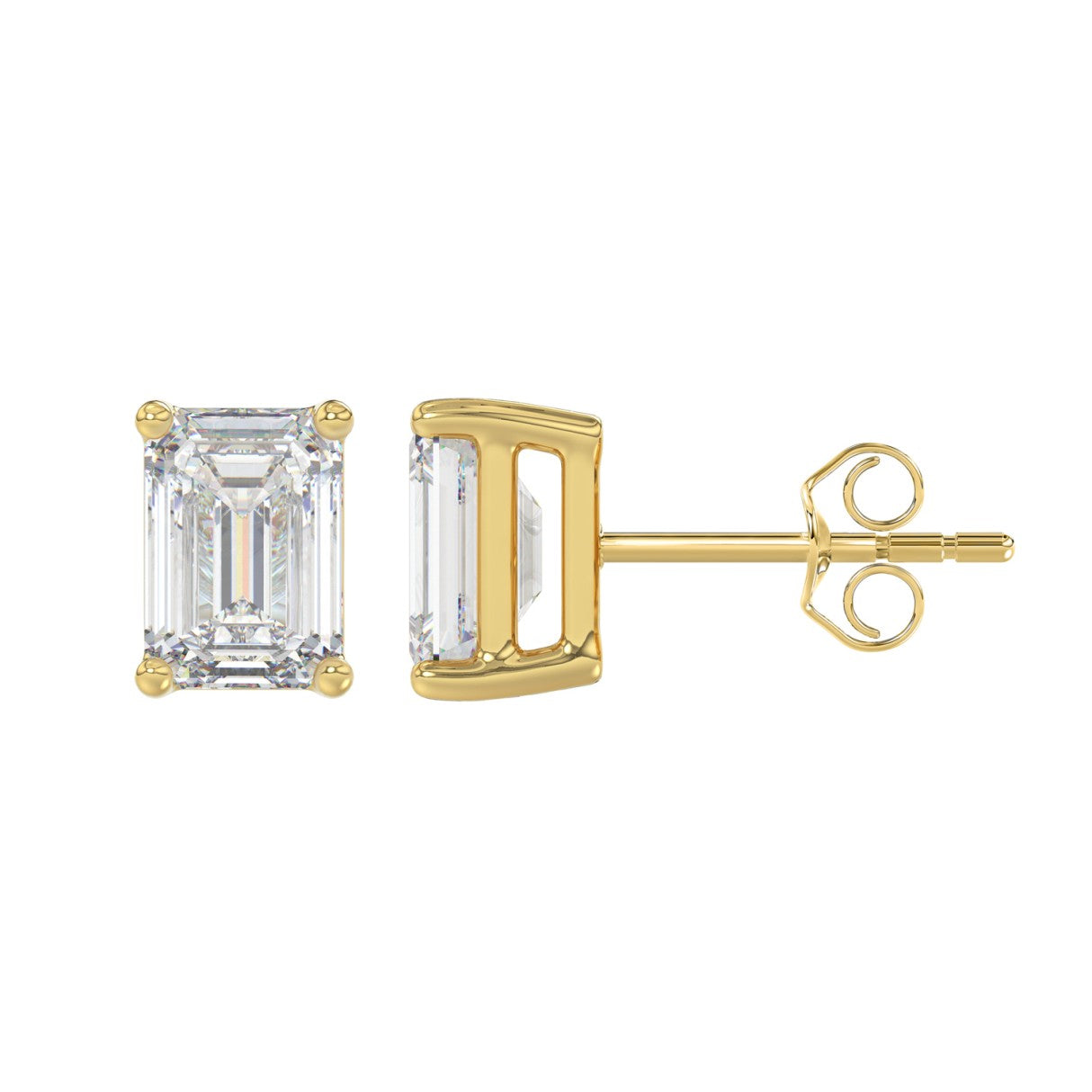 3 Carat Emerald Cut Lab Grown Diamond Stud Earrings Yellow Gold down view