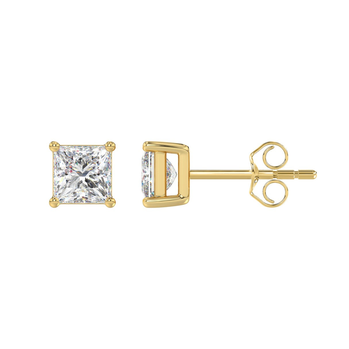 2 Carat Princess Lab Grown Diamond Stud Earrings Yellow Gold down view