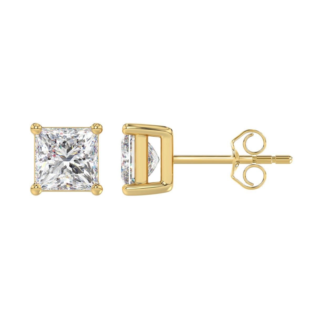 3 Carat Princess Lab Grown Diamond Stud Earrings Yellow Gold down view