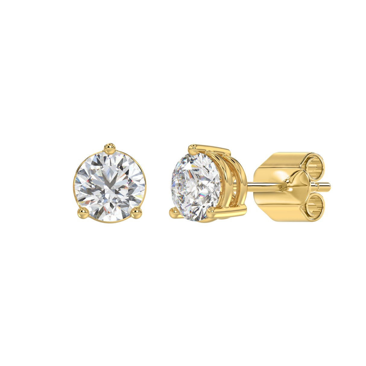 3 Carat Round Brilliant Lab Grown Diamond Stud Earrings Yellow Gold flat view