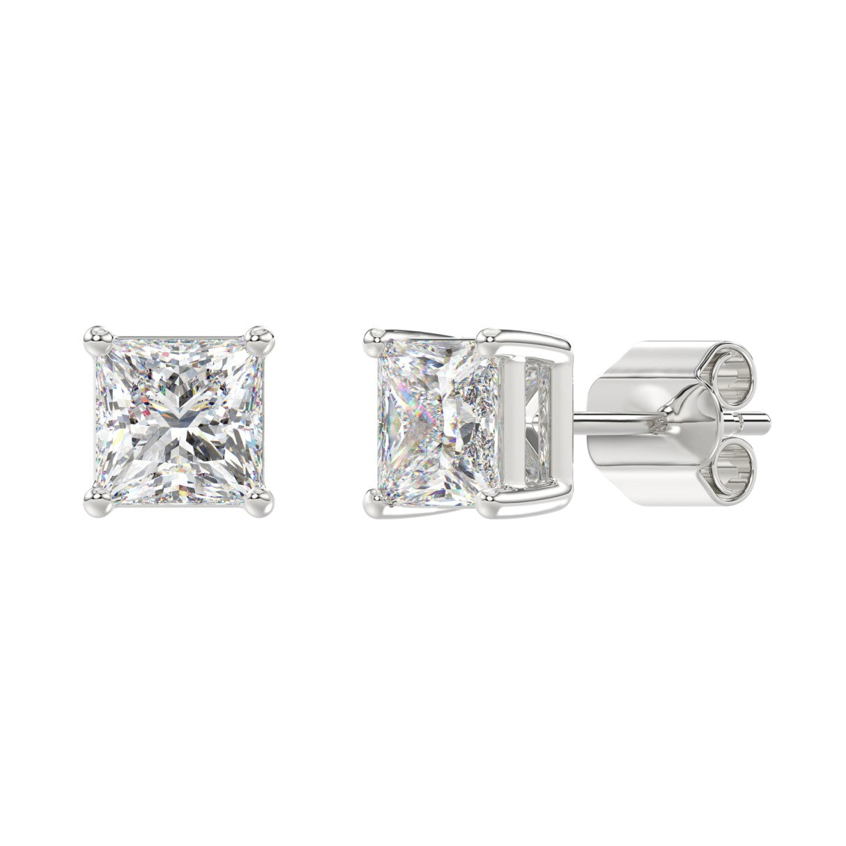 3 Carat Princess Lab Grown Diamond Stud Earrings White Gold flat view