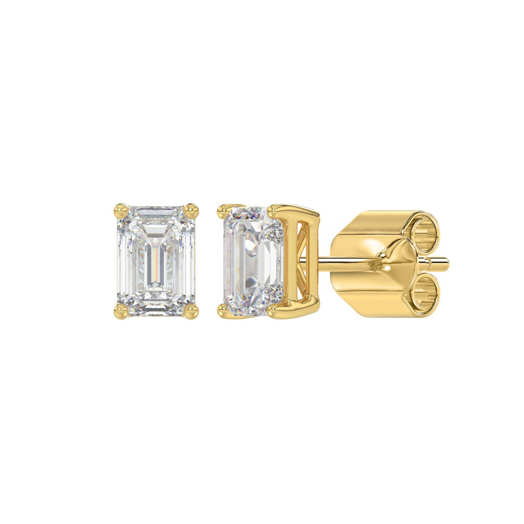 1.5 Carat Emerald Cut Lab Grown Diamond Stud Earrings Yellow Gold flat view