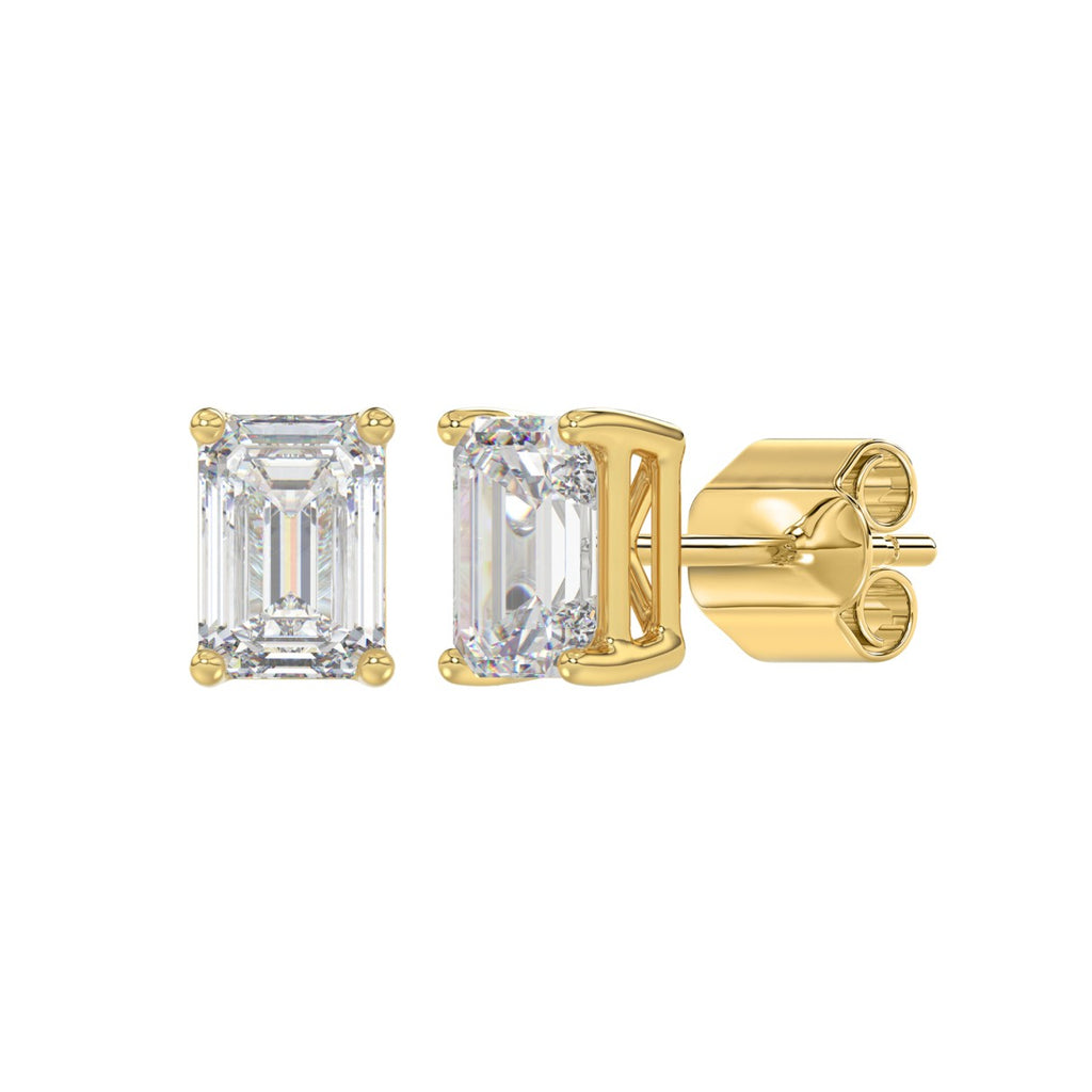2.5 Carat Emerald Cut Lab Grown Diamond Stud Earrings Yellow Gold flat view