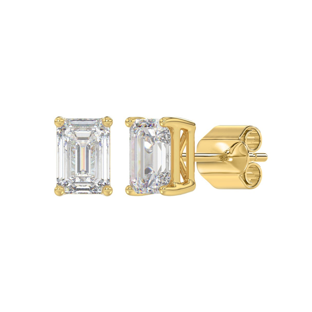 2.5 Carat Emerald Cut Lab Grown Diamond Stud Earrings Yellow Gold flat view
