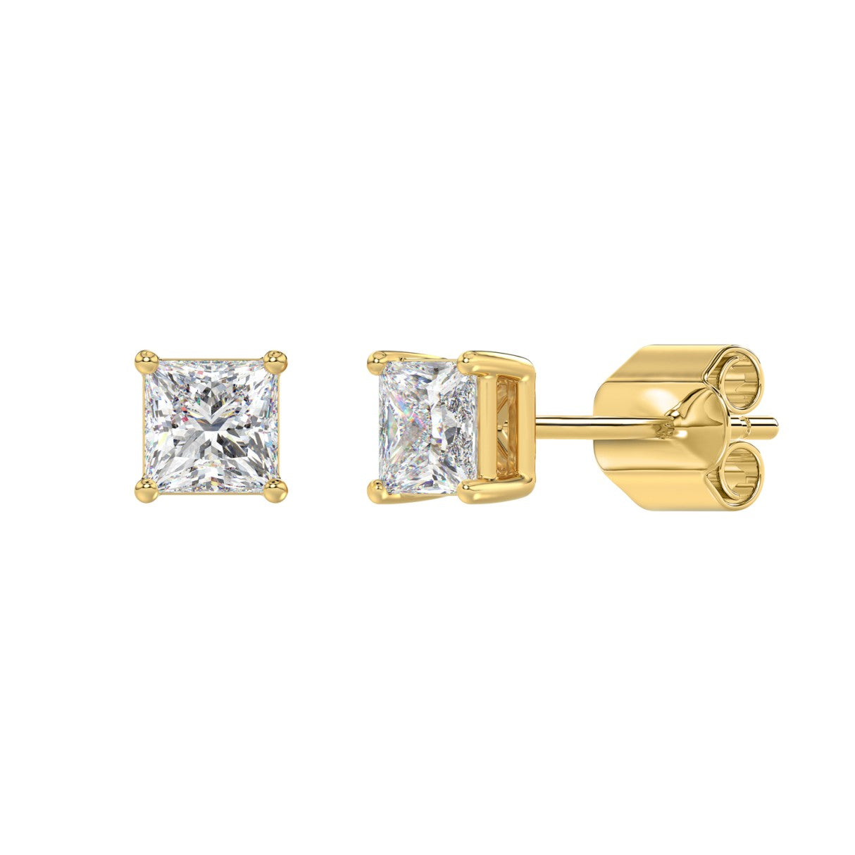 1.5 Carat Princess Lab Grown Diamond Stud Earrings Yellow Gold flat view