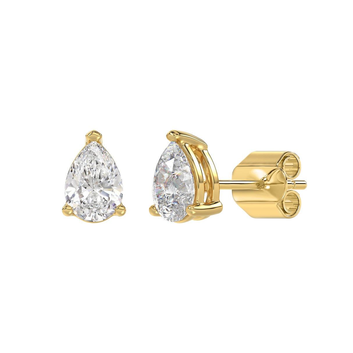 2 Carat Pear Lab Grown Diamond Stud Earrings Yellow Gold flat view