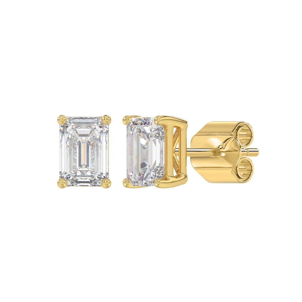 2 Carat Emerald Cut Lab Grown Diamond Stud Earrings Yellow Gold flat view