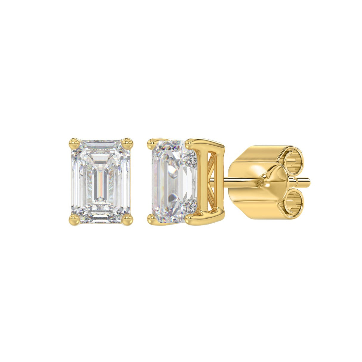 2 Carat Emerald Cut Lab Grown Diamond Stud Earrings Yellow Gold flat view