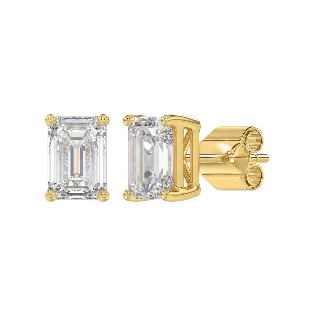 4 Carat Emerald Cut Lab Grown Diamond Stud Earrings Yellow Gold flat view