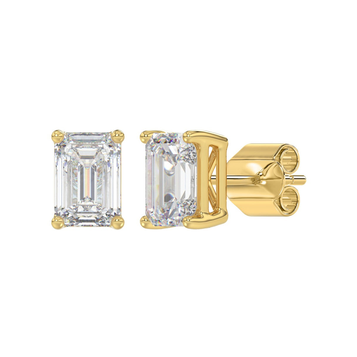 4 Carat Emerald Cut Lab Grown Diamond Stud Earrings Yellow Gold flat view