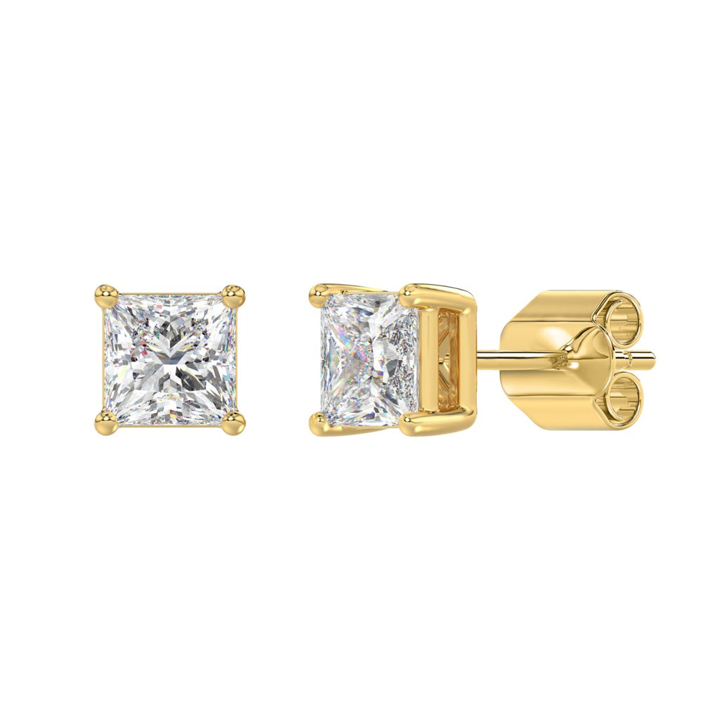 2.5 Carat Princess Lab Grown Diamond Stud Earrings Yellow Gold flat view