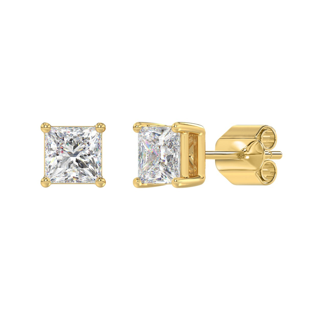 2.5 Carat Princess Lab Grown Diamond Stud Earrings Yellow Gold flat view