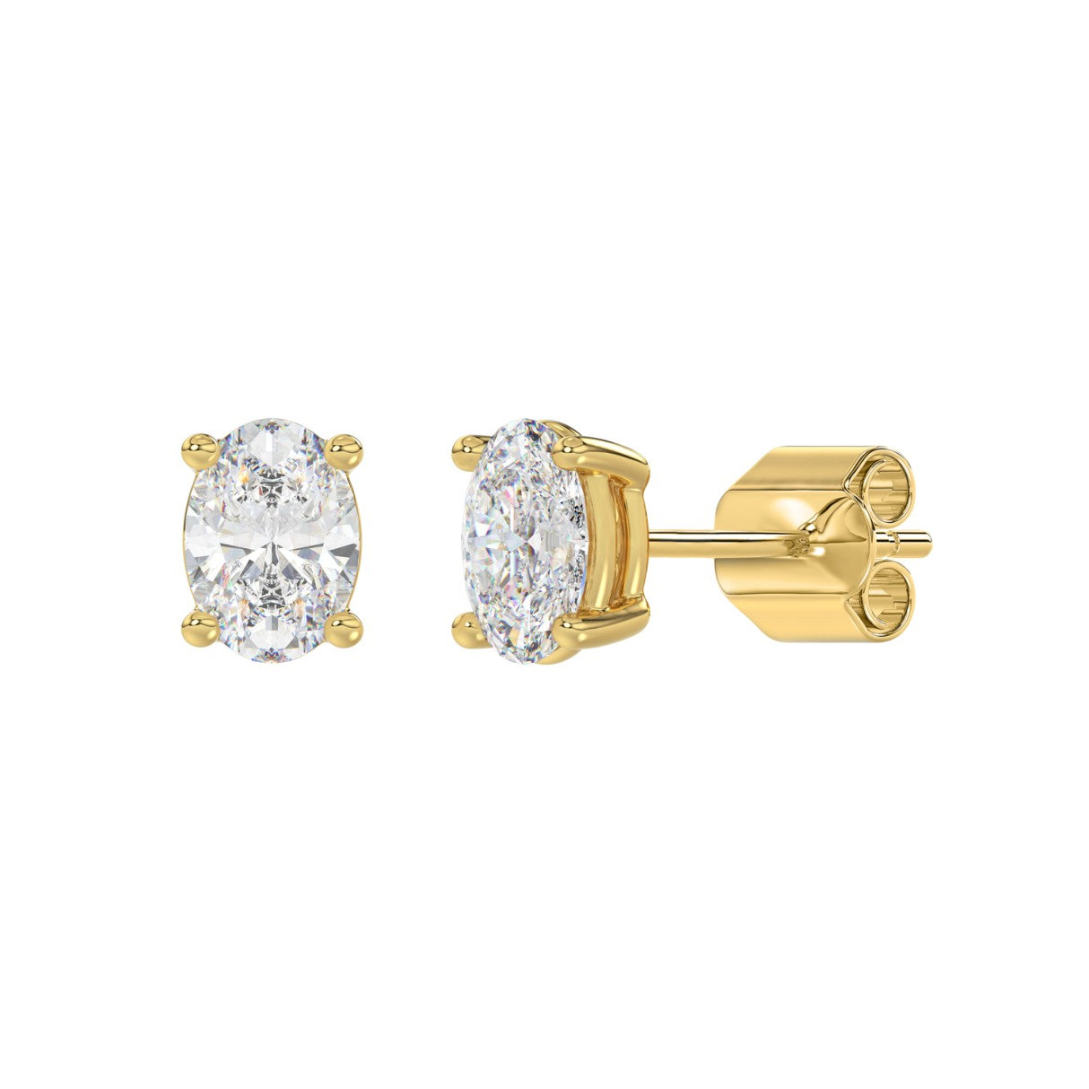 2 Carat Oval Lab Grown Diamond Stud Earrings Yellow Gold flat view