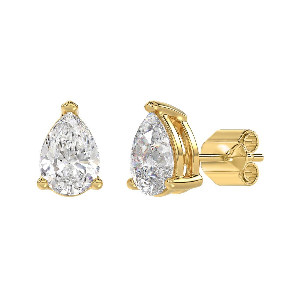 3 Carat Pear Lab Grown Diamond Stud Earrings Yellow Gold flat view