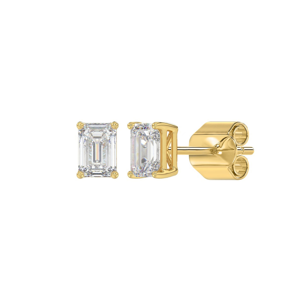 1 Carat Emerald Cut Lab Grown Diamond Stud Earrings Yellow Gold flat view