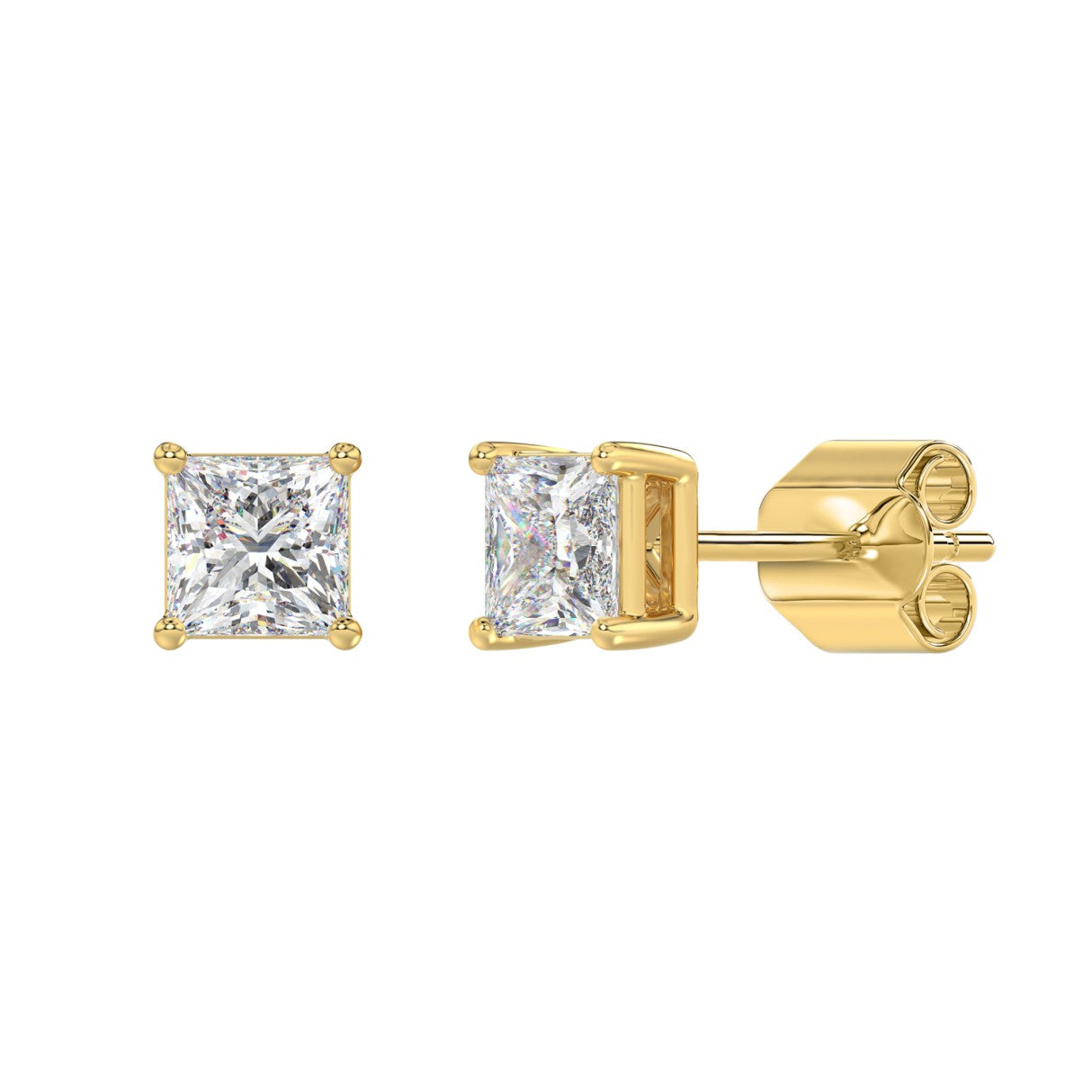 2 Carat Princess Lab Grown Diamond Stud Earrings Yellow Gold flat view