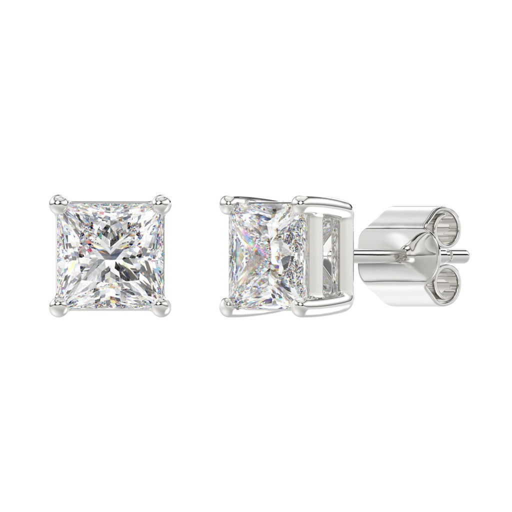 4 Carat Princess Lab Grown Diamond Stud Earrings White Gold flat view