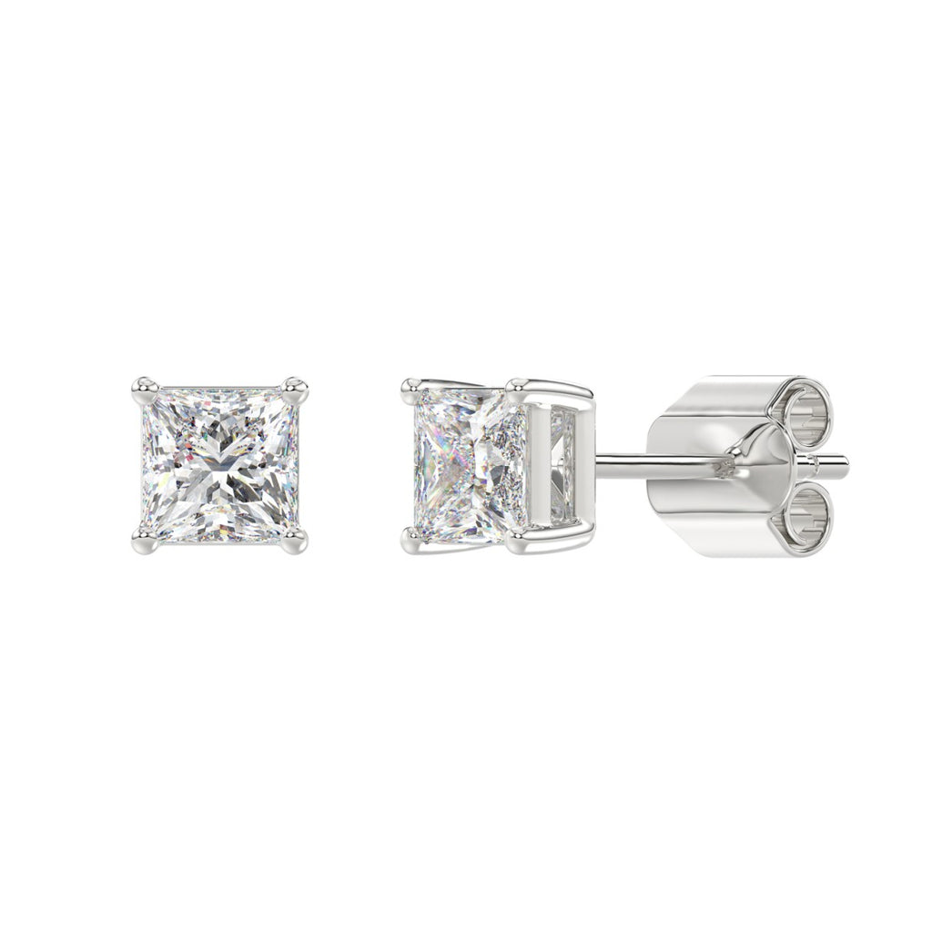 2 Carat Princess Lab Grown Diamond Stud Earrings White Gold flat view
