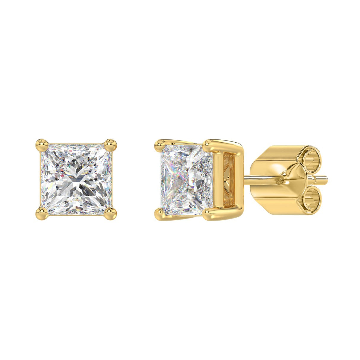 3 Carat Princess Lab Grown Diamond Stud Earrings Yellow Gold flat view