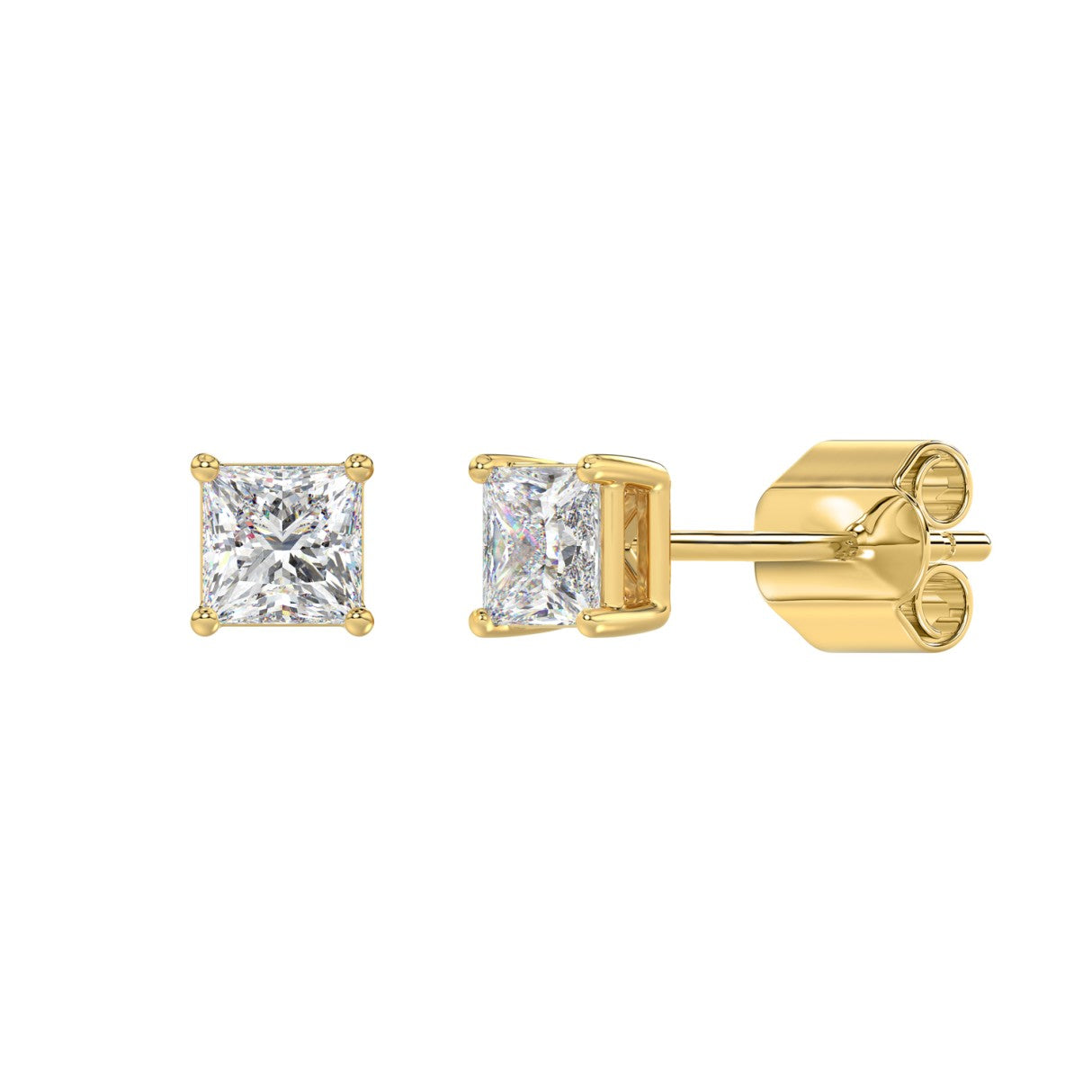 1 Carat Princess Lab Grown Diamond Stud Earrings Yellow Gold flat view
