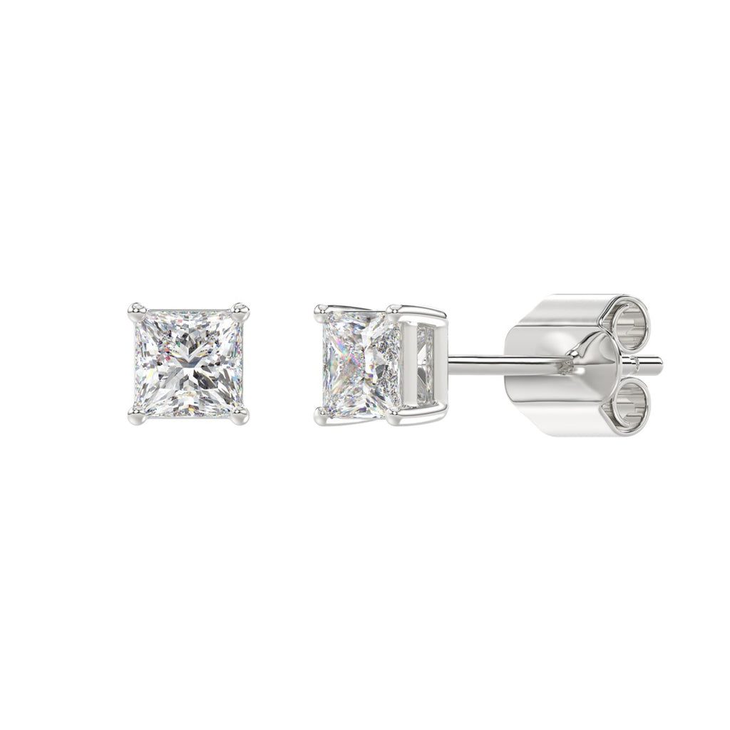 1 Carat Princess Lab Grown Diamond Stud Earrings White Gold flat view