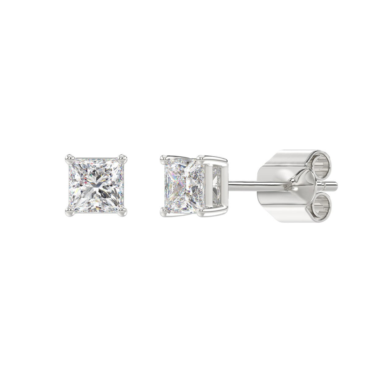 1 Carat Princess Lab Grown Diamond Stud Earrings White Gold flat view